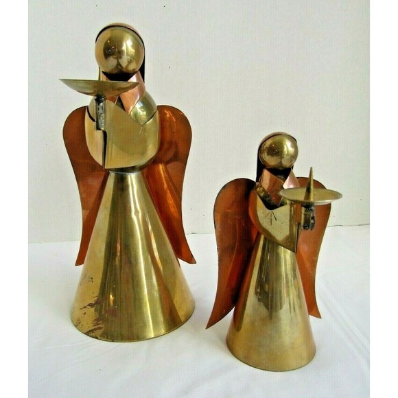 Vintage Copper Brass Angel Candle Holders Set of 2 Christmas Holiday 9.5" & 6.5" - Picture 1 of 7